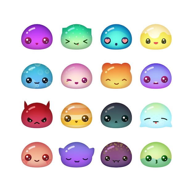 Cute mochi face expressions set pastel rainbow color