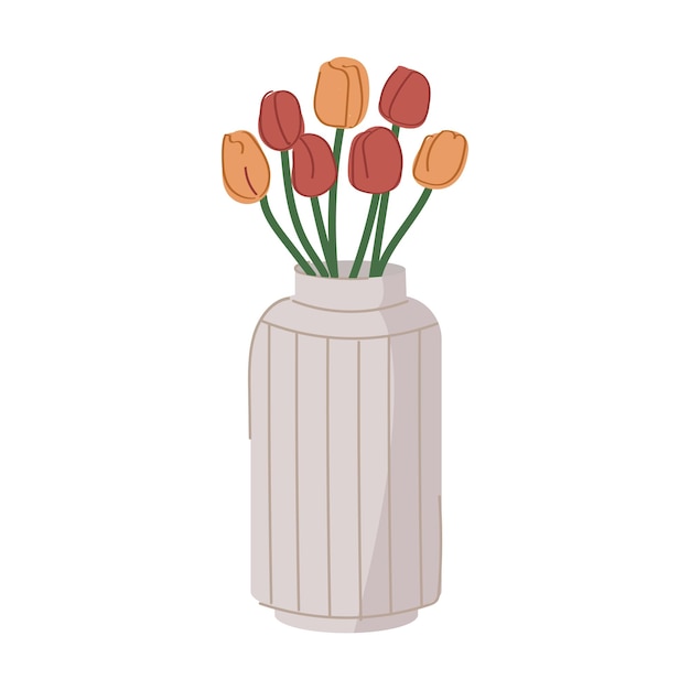 Vector cute modern flower vase with tulips ceramic pot with spring flowers isolated on white