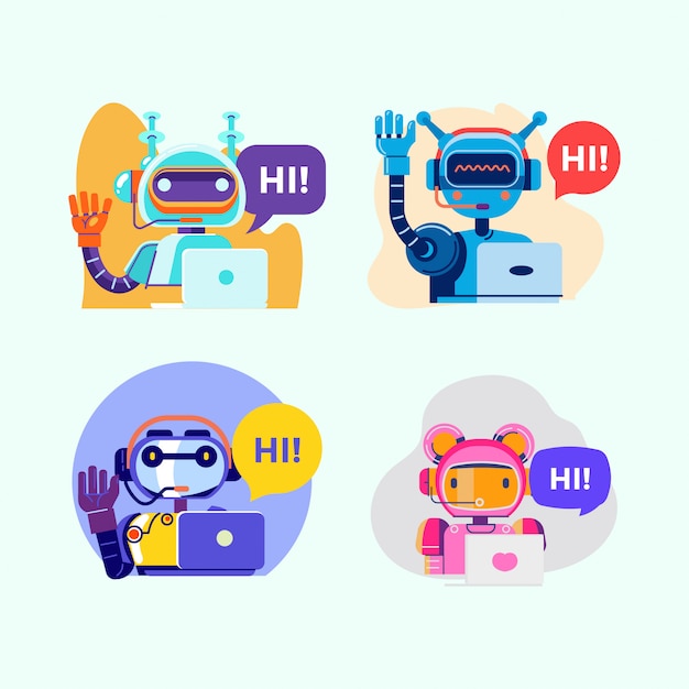 Cute modern robot presenter or chat bot sign for support service concept