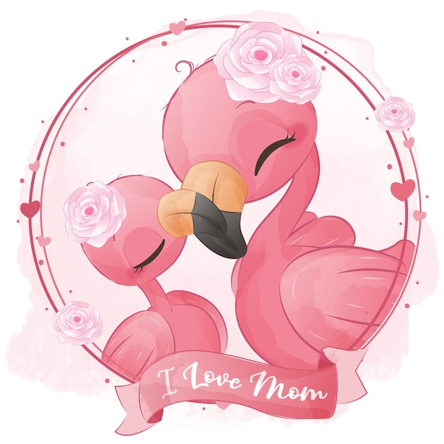 Cute mom and baby flamingo illustration