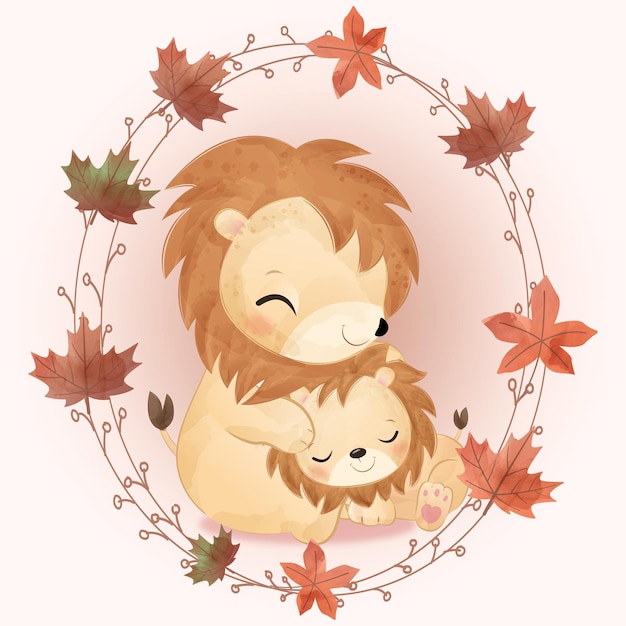 수채화로 귀여운 엄마와 아기 사자 그림