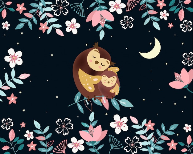 Cute mom and baby owl in night garden cartoon.