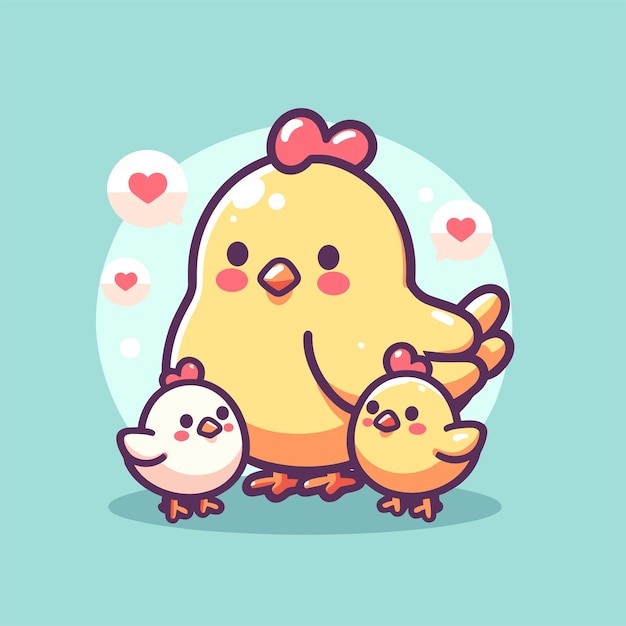 Vector cute mom chicken and chick cartoon flat illustration