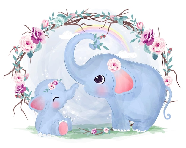 수채화에 귀여운 엄마와 아기 코끼리