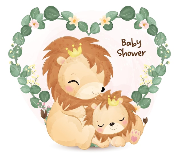 Cute mommy and baby lion illustration