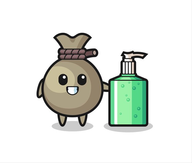 Cute money sack cartoon with hand sanitizer , cute style design for t shirt, sticker, logo element