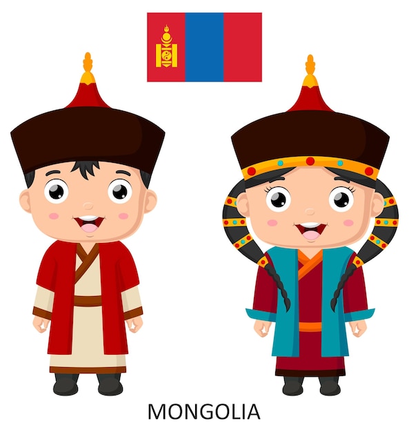 Cute mongolian boy and girl in national clothes