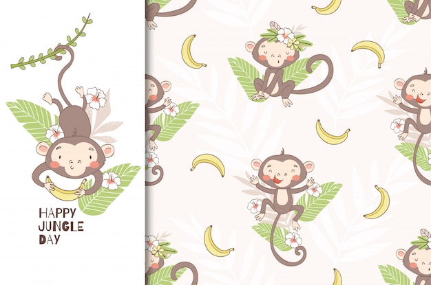 Vector cute monkey baby. swinging on vines and holding banana. seamless pattern