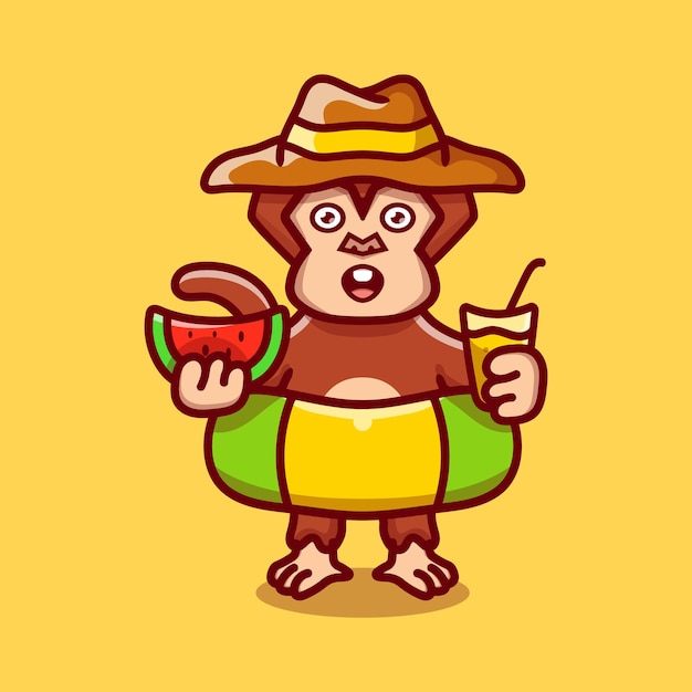 Cute monkey in beach hat with swim rings carrying watermelon and drink