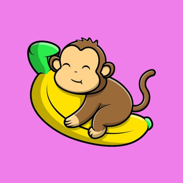 Cute Monkey On Big Banana Fruit Cartoon Vector Icons Illustration
