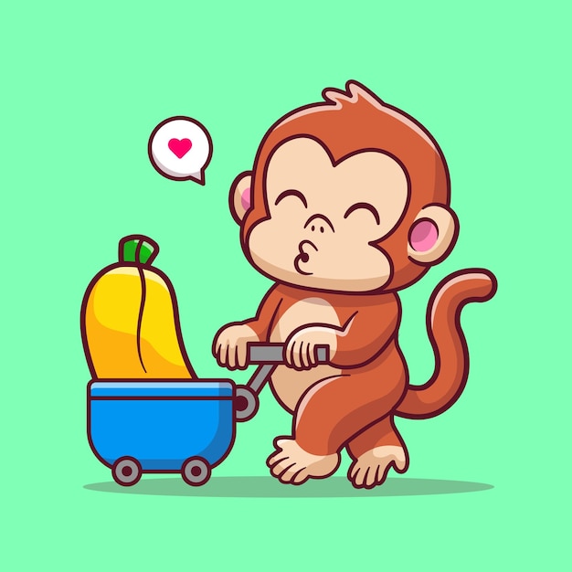 Vector cute monkey bring banana with trolley cartoon vector icon illustration. animal nature icon isolated