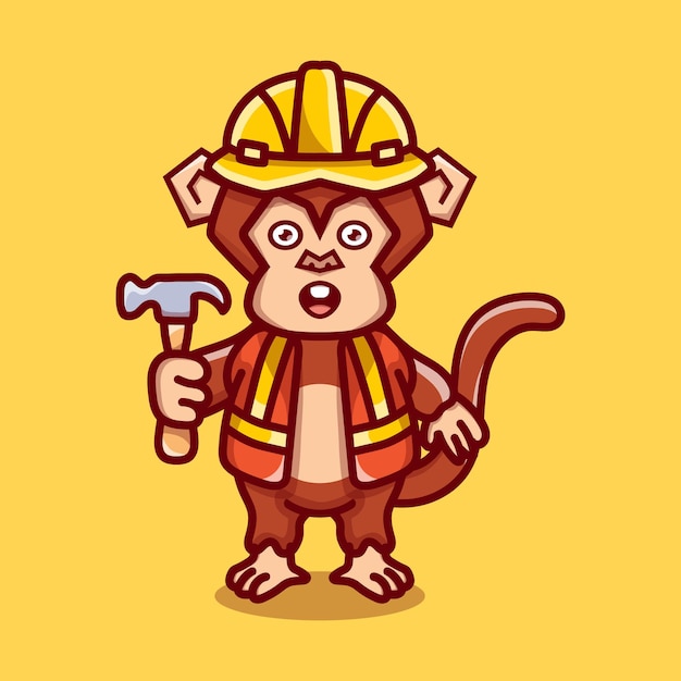 Cute monkey builder carrying hammer