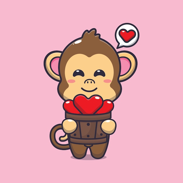 Vector cute monkey cartoon character holding love in wood bucket