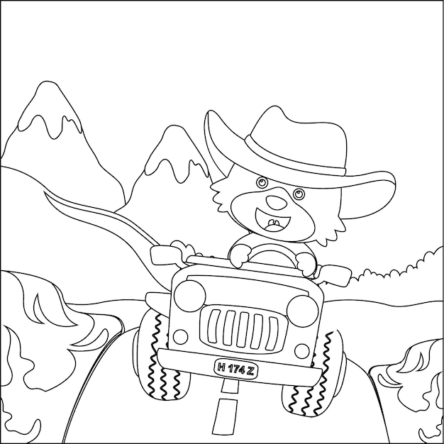 화창한 날 산에서 오프로드 자동차를 운전하는 재미 귀여운 원숭이 만화