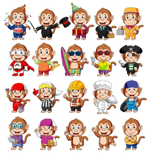 Cute monkey cartoon mascot pack