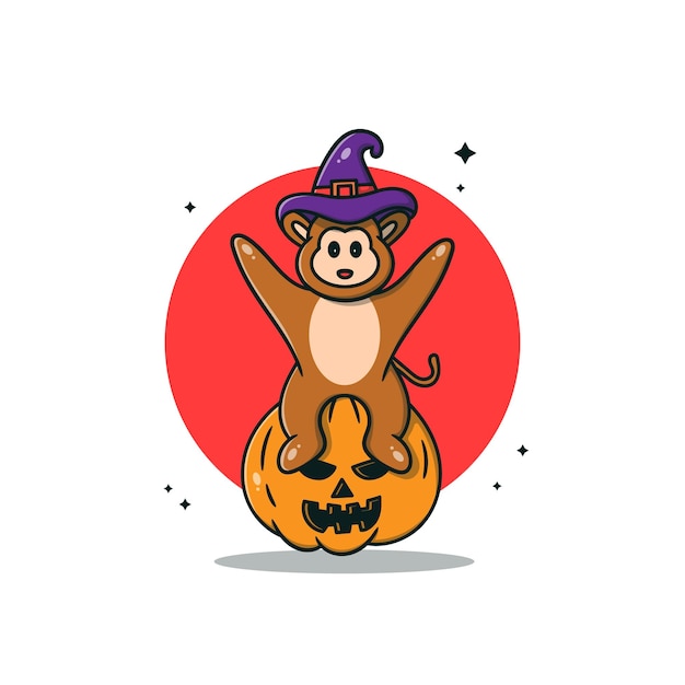 Vector cute monkey cartoon ride a halloween pumpkin vector icon illustration premium vector