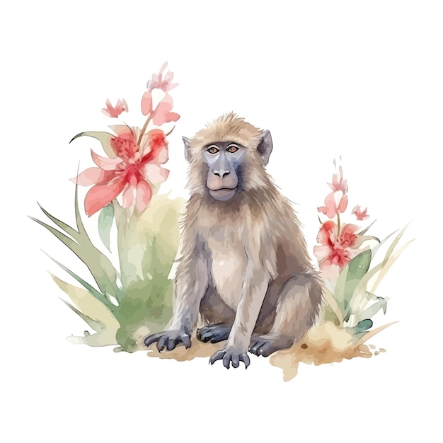 Cute monkey cartoon in watercolor painting style