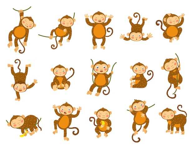 Cute monkey cartoon wild animals in different poses funny ape monkeys and primate character vector set