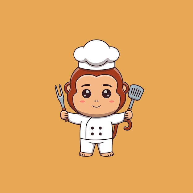 Vector cute monkey chef holding spatula and barbecue fork