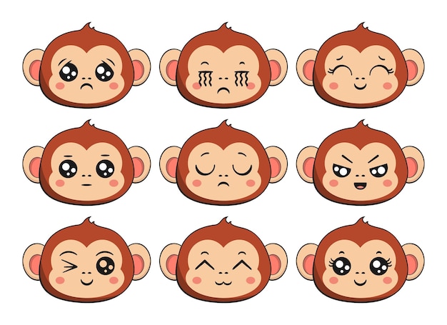 Vector cute monkey chimpanzee face kawaii sticker part 1