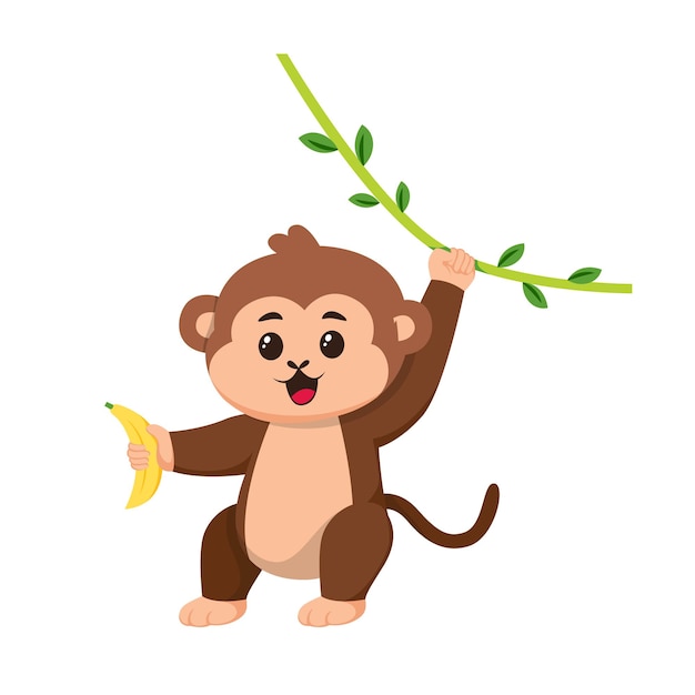 Cute Monkey Climbing Up the Vine Cartoon Illustration