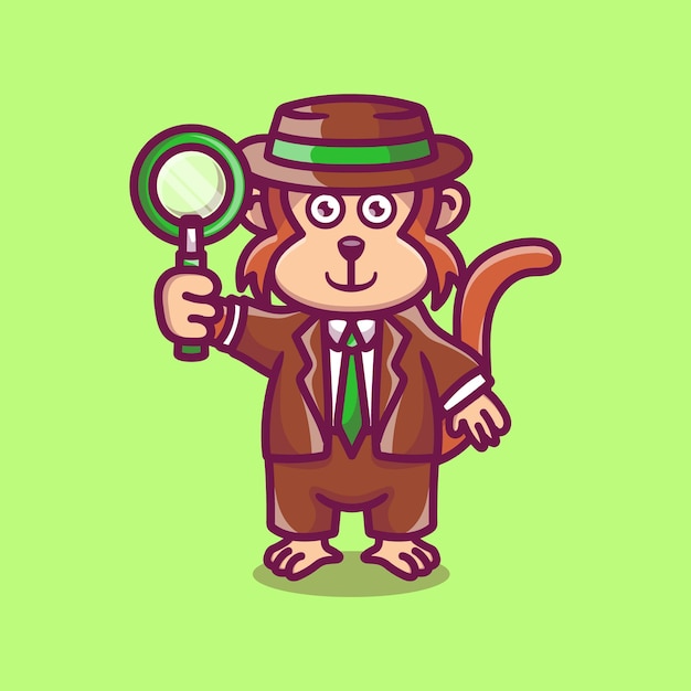 Cute monkey detective carrying a magnifying glass