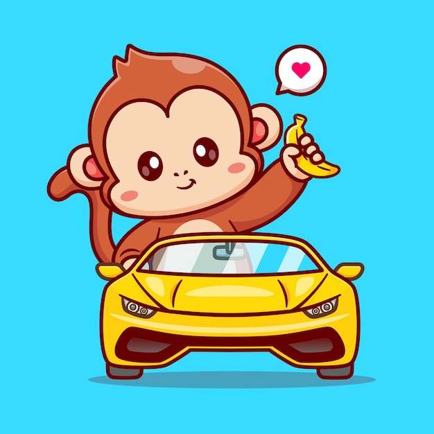 Cute monkey driving car e holding banana cartoon vector icon illustrazione trasporto di animali