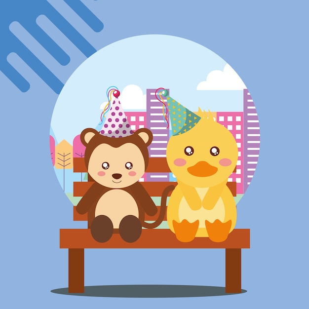 Cute monkey and duck sitting in bench the city