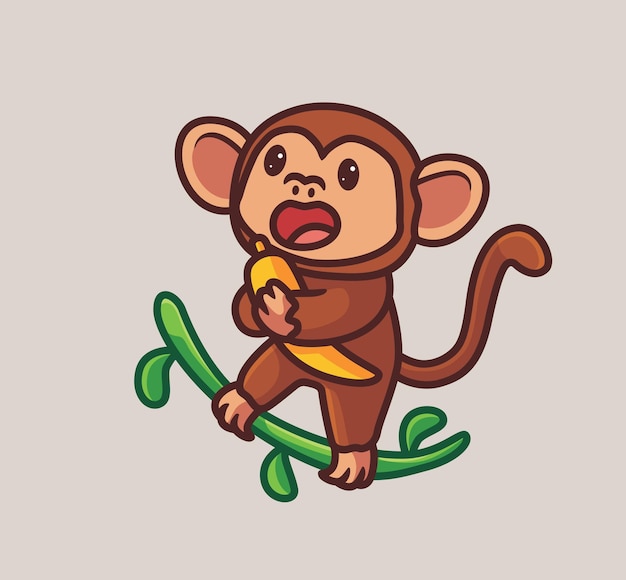 Cute monkey eating banana on branches tree isolated cartoon animal nature illustration Flat Style