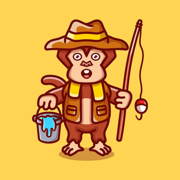 Cute monkey fisherman cartoon illustration