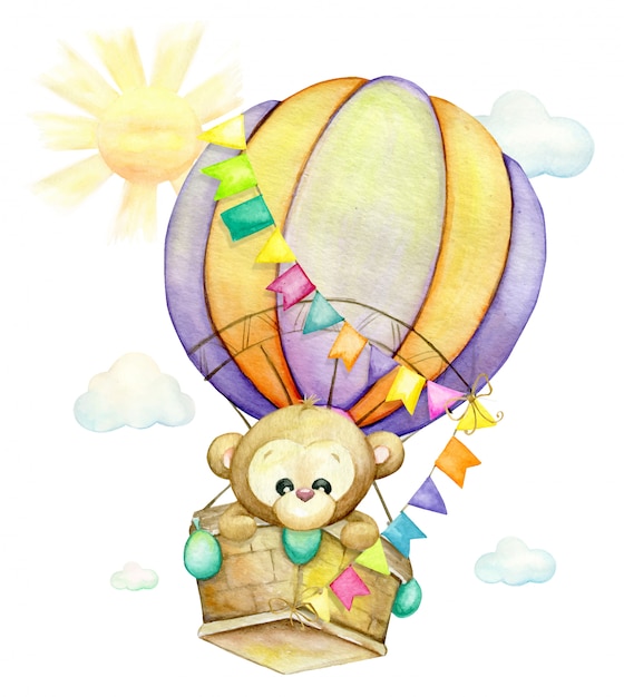 Vector cute monkey flying in a balloon. watercolor