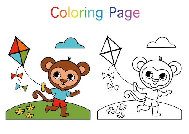 Cute monkey flying a kite Coloring page for children Vector illustration