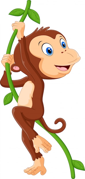 Vector cute monkey hanging in a tree