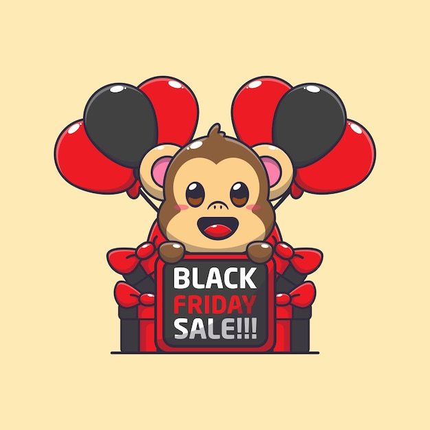 cute monkey happy in black friday sale cartoon vector illustration