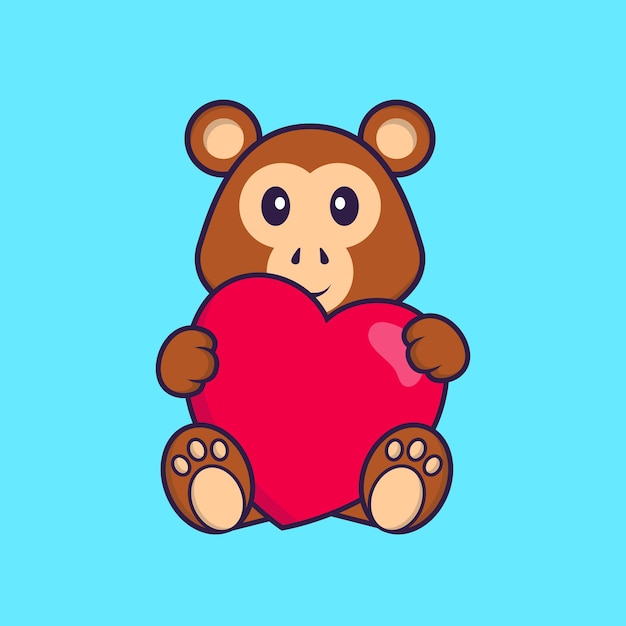 Cute monkey holding a big red heart. Animal cartoon concept isolated