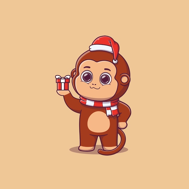 cute monkey holding small christmas gift