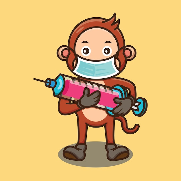 Милая обезьяна держит дизайн шприца с вакциной