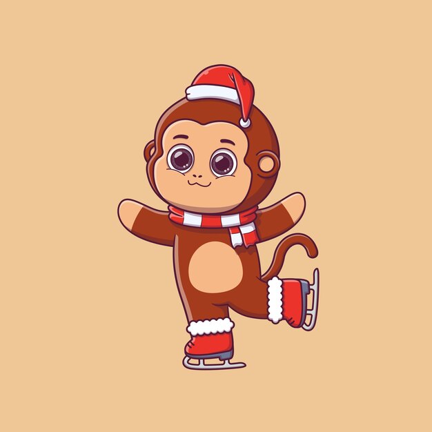 Vector cute monkey on ice skates