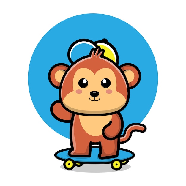 Cute monkey play skateboard cartoon illustration