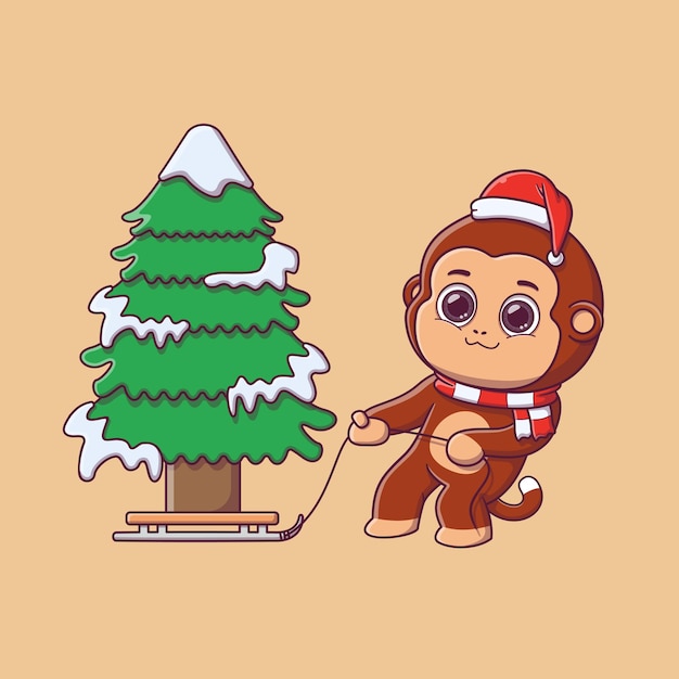 Cute monkey pulling a sled with pine tree