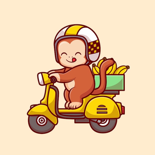 バナナ ボックス漫画ベクトル アイコン イラストとスクーターに乗ってかわいい猿。動物輸送