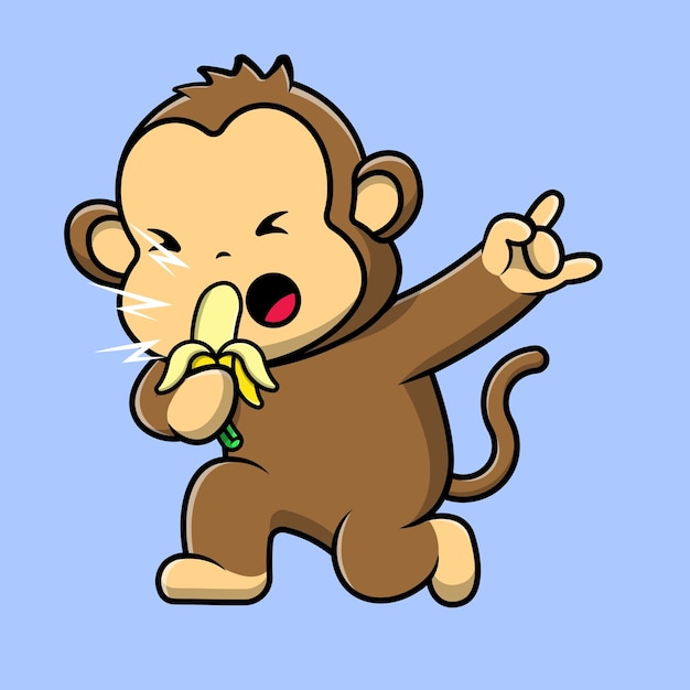 Cute monkey cantando con microfono a banana cartoon icone vettoriali illustrazione