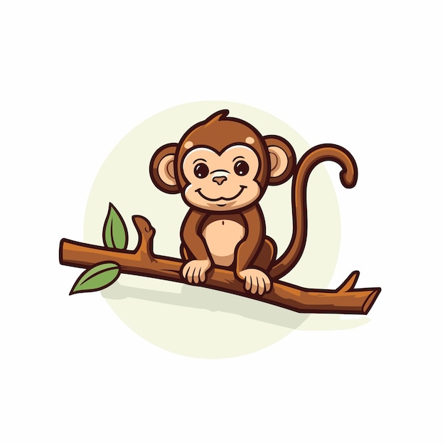 Vector cute monkey sitting on a branch vector illustration in cartoon style