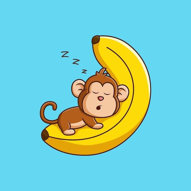 바나나에 잠자는 귀여운 원숭이 격리 된 침팬지 만화 캐릭터 벡터 일러스트 레이 션