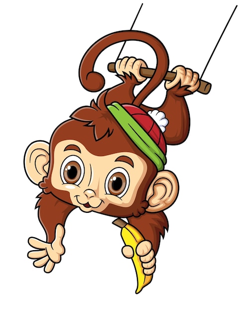 Vector cute monkey swinging and holding banana