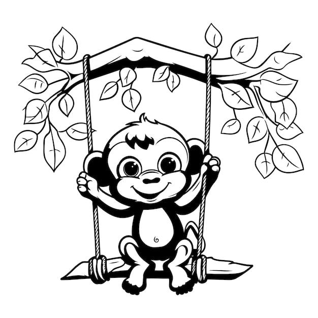 Vector cute monkey swinging on a swing black and white vector illustration