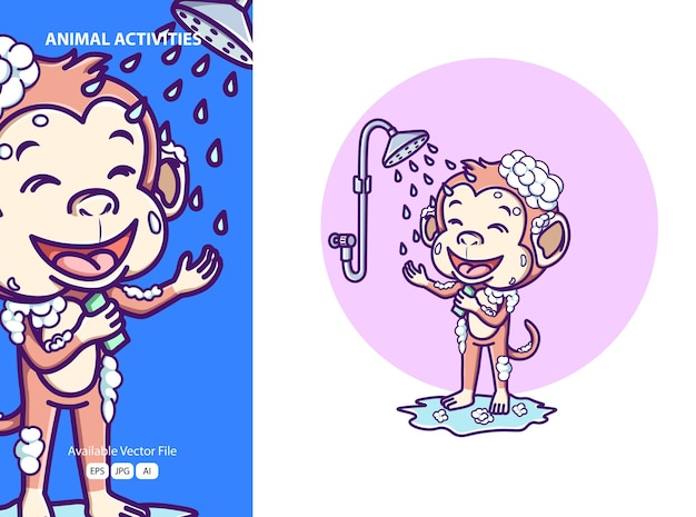 Cute monkey taking a bath cartoon icon illustration