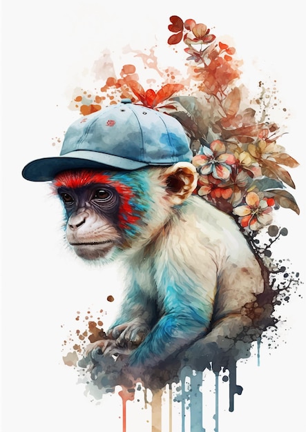 Cute monkey watercolor illustration blue