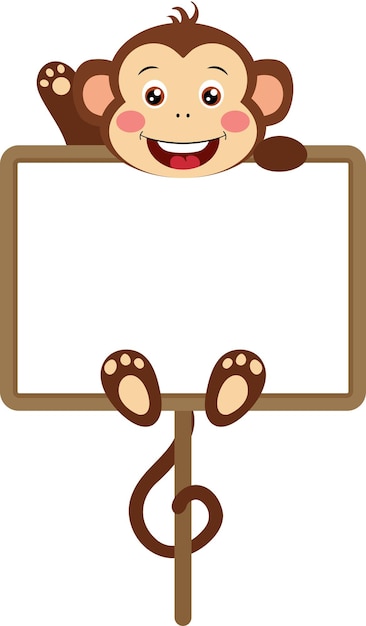 Cute monkey waving hanging a blank signboard