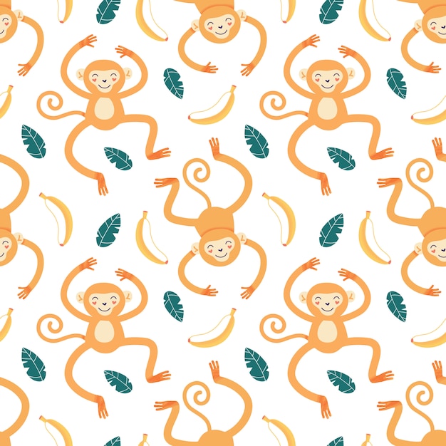 Vector cute monkey with bananas, cartoon seamless pattern